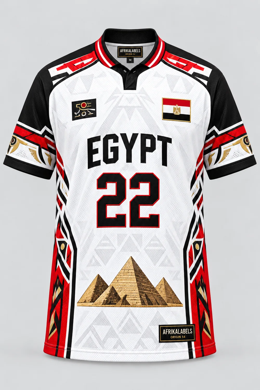 Egypt 22 unisex jersey front concept with AfrikaLabels neck and hem tags; artwork and flag badge awaiting approval