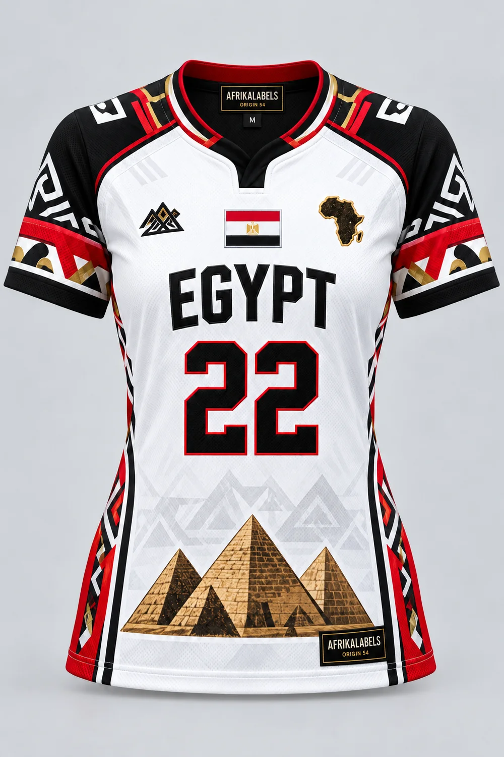 Egypt 22 women's jersey front concept with AfrikaLabels neck and hem tags; artwork and flag badge awaiting approval