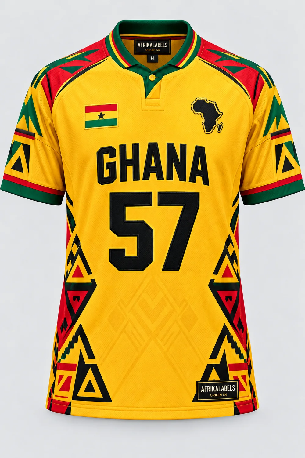 Ghana 57 unisex jersey front concept with AfrikaLabels neck and hem tags; artwork and flag badge awaiting approval