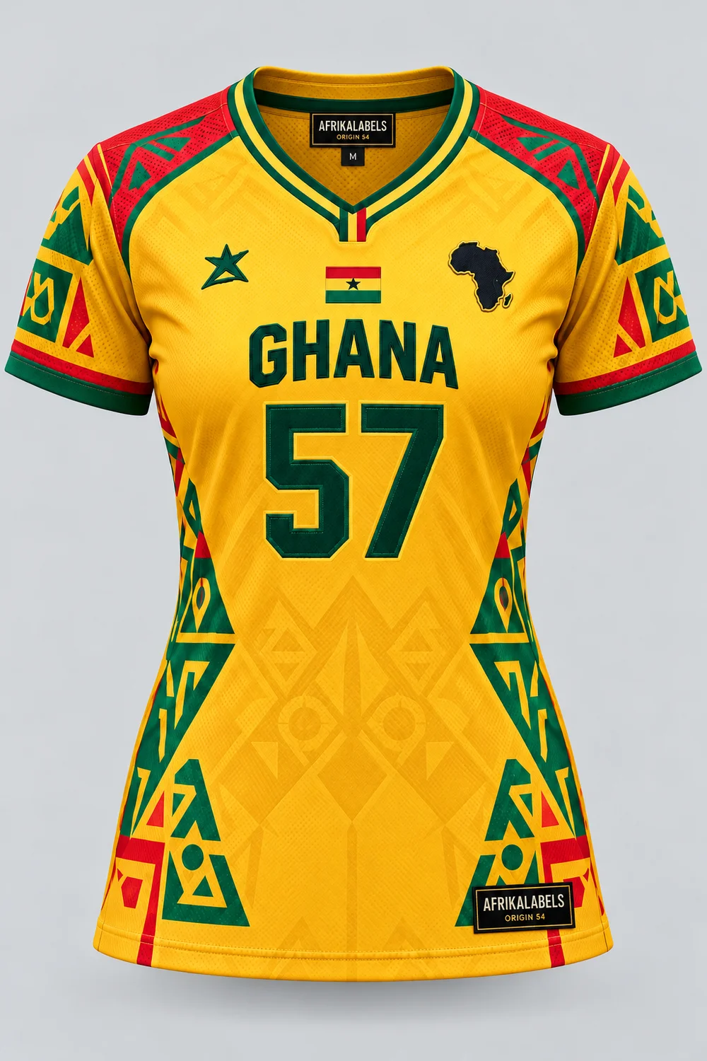 Ghana 57 women's jersey front concept with AfrikaLabels neck and hem tags; artwork and flag badge awaiting approval