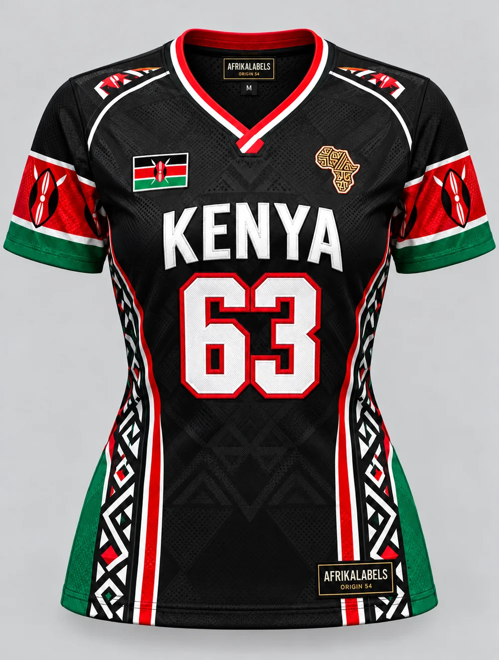 Kenya 63 women's jersey front concept with AfrikaLabels neck and hem tags; artwork and flag badge awaiting approval
