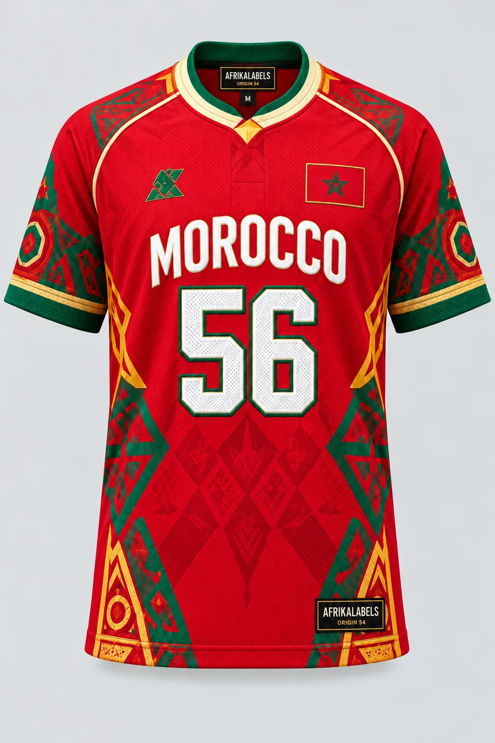 Morocco 56 unisex jersey front concept with AfrikaLabels neck and hem tags; artwork and flag badge awaiting approval