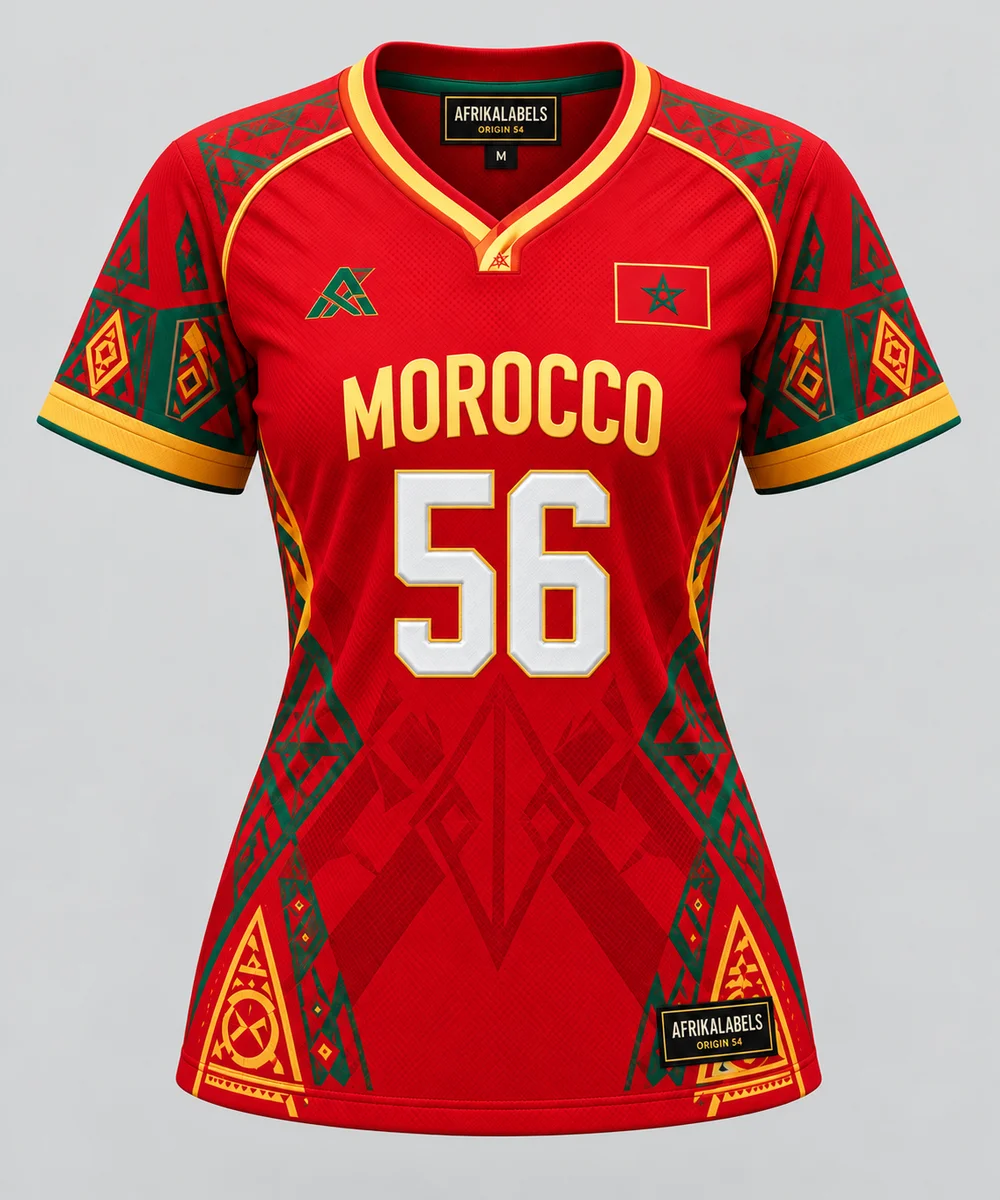 Morocco 56 women's jersey front concept with AfrikaLabels neck and hem tags; artwork and flag badge awaiting approval