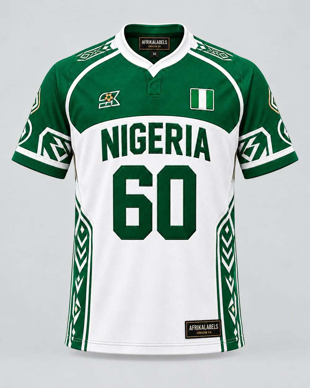 Nigeria 60 unisex jersey front concept with AfrikaLabels neck and hem tags; artwork and flag badge awaiting approval