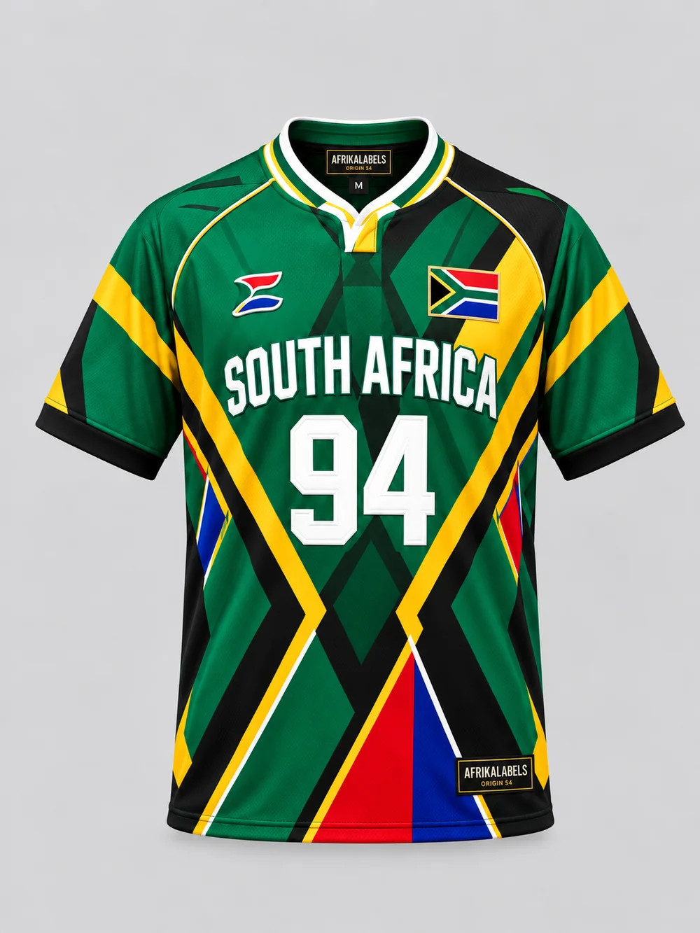 South Africa 94 unisex jersey front concept with AfrikaLabels neck and hem tags; artwork and flag badge awaiting approval