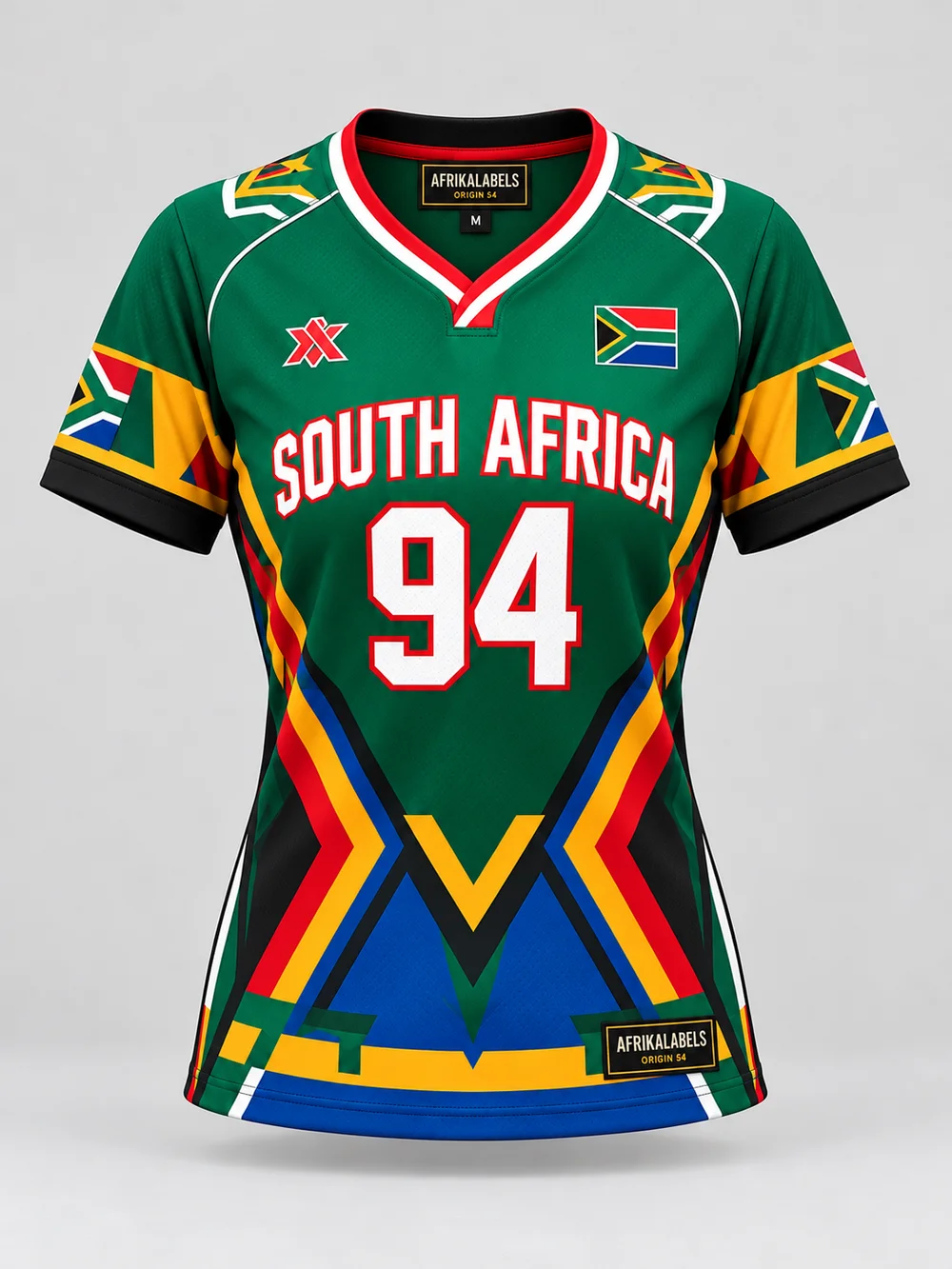 South Africa 94 women's jersey front concept with AfrikaLabels neck and hem tags; artwork and flag badge awaiting approval